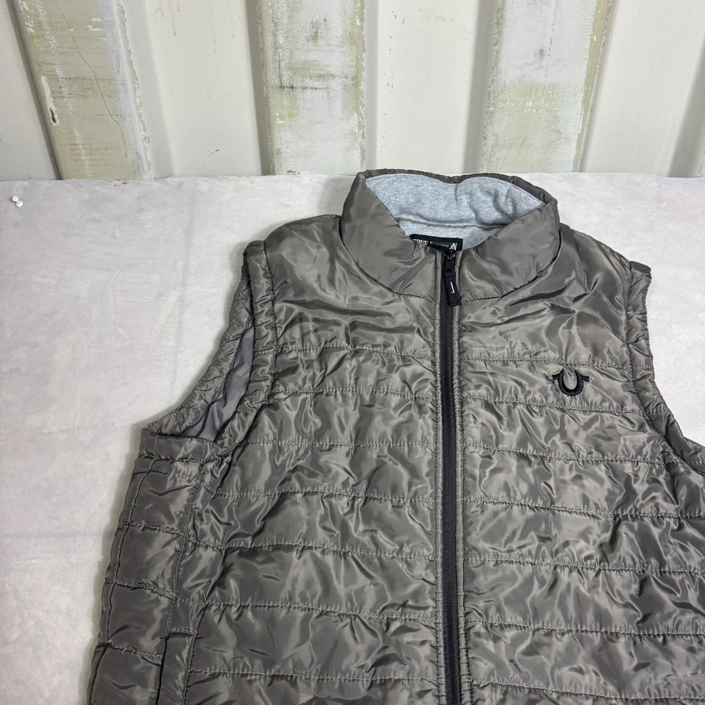True Religion Mens Puffer Vest Jacket Gray Full-Zip Embroidered Logo Mock Neck L